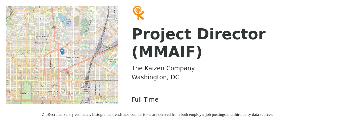 The Kaizen Company job posting for a Project Director (MMAIF) in Washington, DC with a salary of $83,800 to $163,700 Yearly with a map of Washington location.