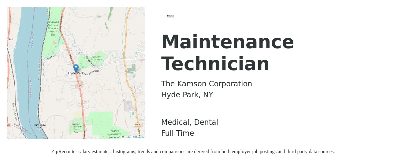The Kamson Corporation job posting for a Maintenance Technician in Hyde Park, NY with a salary of $20 to $28 Hourly and benefits including life_insurance, medical, retirement, and dental with a map of Hyde Park location.