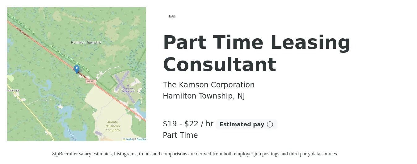 The Kamson Corporation job posting for a Part Time Leasing Consultant in Hamilton Township, NJ with a salary of $20 to $23 Hourly with a map of Hamilton Township location.