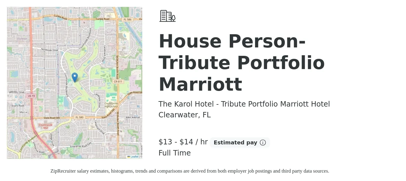 The Karol Hotel - Tribute Portfolio Marriott Hotel job posting for a House Person- Tribute Portfolio Marriott in Clearwater, FL with a salary of $14 to $15 Hourly with a map of Clearwater location.
