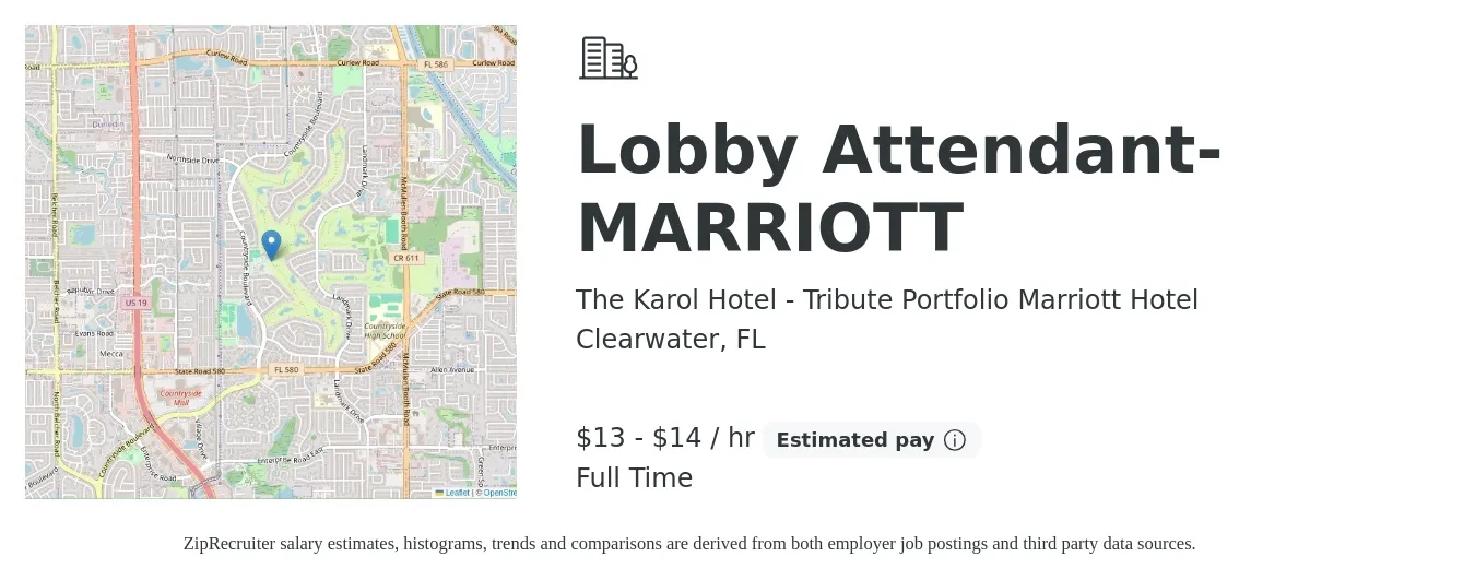 The Karol Hotel - Tribute Portfolio Marriott Hotel job posting for a Lobby Attendant- MARRIOTT in Clearwater, FL with a salary of $14 to $15 Hourly with a map of Clearwater location.