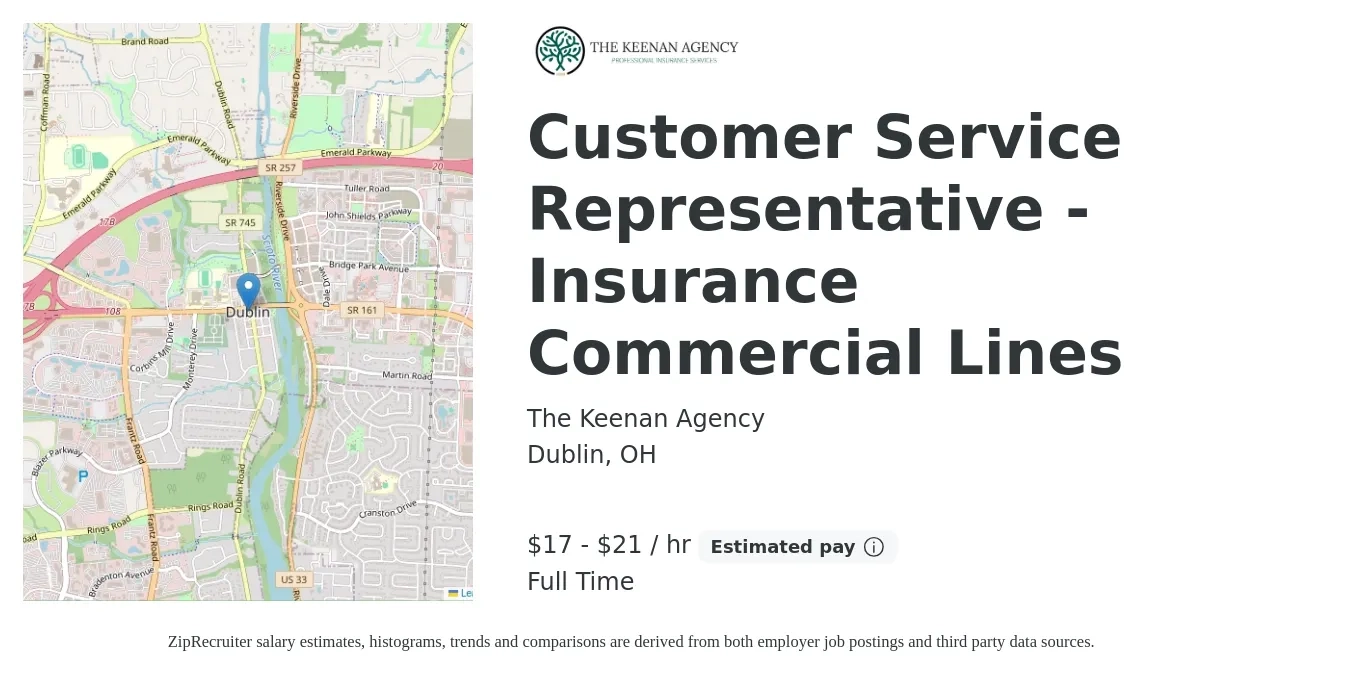 The Keenan Agency job posting for a Customer Service Representative - Insurance Commercial Lines in Dublin, OH with a salary of $18 to $22 Hourly and benefits including retirement with a map of Dublin location.