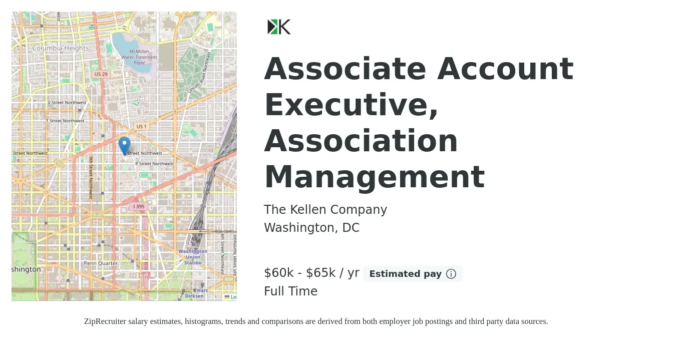 The Kellen Company job posting for a Associate Account Executive, Association Management in Washington, DC with a salary of $60,000 to $65,000 Yearly with a map of Washington location.