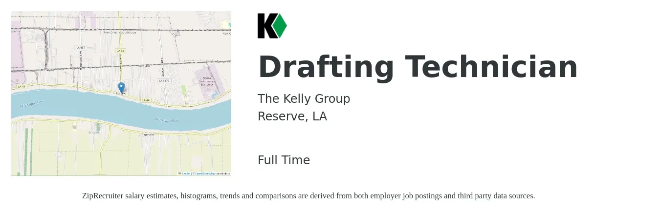 The Kelly Group job posting for a Drafting Technician in Reserve, LA with a salary of $28 Hourly with a map of Reserve location.