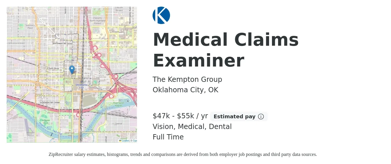 The Kempton Group job posting for a Medical Claims Examiner in Oklahoma City, OK with a salary of $47,000 to $55,000 Yearly and benefits including retirement, vision, dental, life_insurance, and medical with a map of Oklahoma City location.