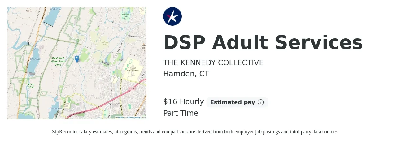 THE KENNEDY COLLECTIVE INC job posting for a DSP Adult Services in Hamden, CT with a salary of $19 Hourly with a map of Hamden location.