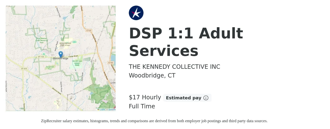 THE KENNEDY COLLECTIVE INC job posting for a DSP 1:1 Adult Services in Woodbridge, CT with a salary of $19 Hourly with a map of Woodbridge location.