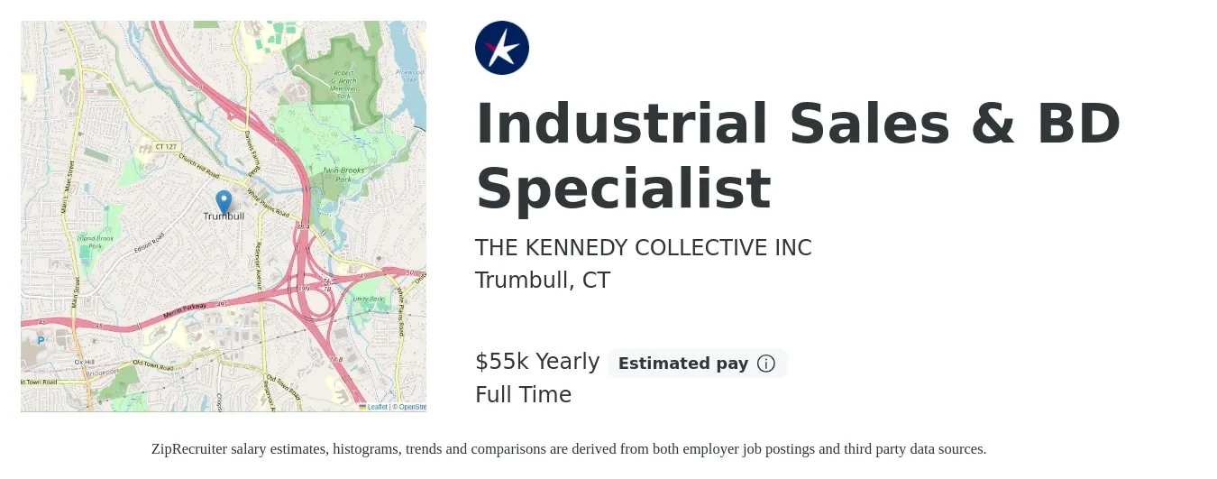 THE KENNEDY COLLECTIVE INC job posting for a Industrial Sales & BD Specialist in Trumbull, CT with a salary of $55,000 Yearly with a map of Trumbull location.