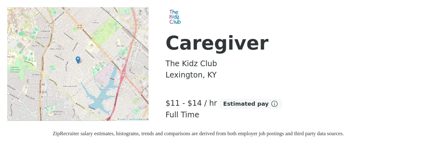 The Kidz Club job posting for a Caregiver in Lexington, KY with a salary of $12 to $15 Hourly with a map of Lexington location.