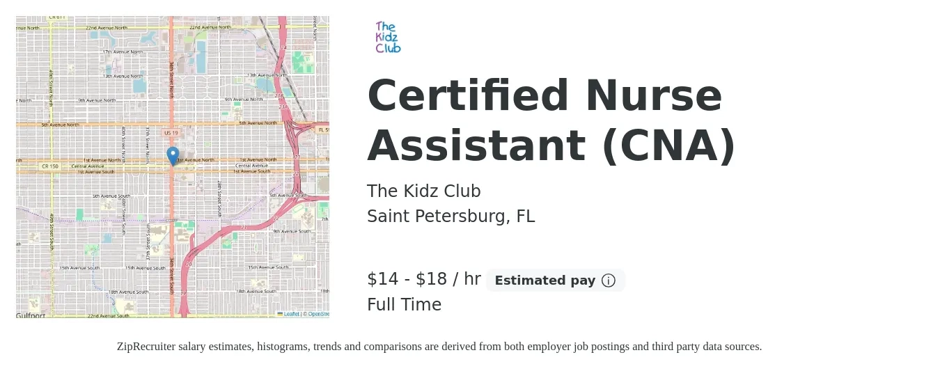 The Kidz Club job posting for a Certified Nurse Assistant (CNA) in Saint Petersburg, FL with a salary of $15 to $19 Hourly with a map of Saint Petersburg location.
