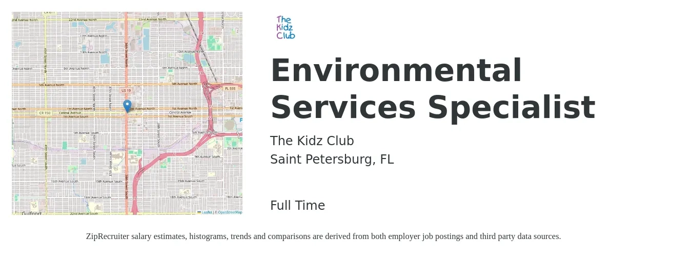The Kidz Club job posting for a Environmental Services Specialist in Saint Petersburg, FL with a salary of $18 to $20 Hourly with a map of Saint Petersburg location.