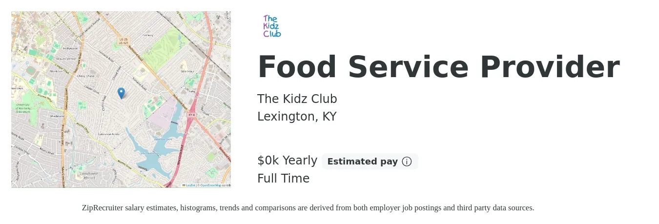 The Kidz Club job posting for a Food Service Provider in Lexington, KY with a salary of $14 to $16 Yearly with a map of Lexington location.