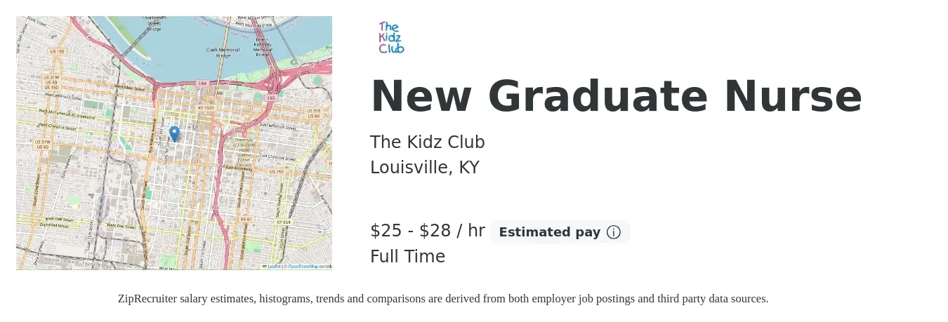 The Kidz Club job posting for a New Graduate Nurse in Louisville, KY with a salary of $26 to $30 Hourly with a map of Louisville location.