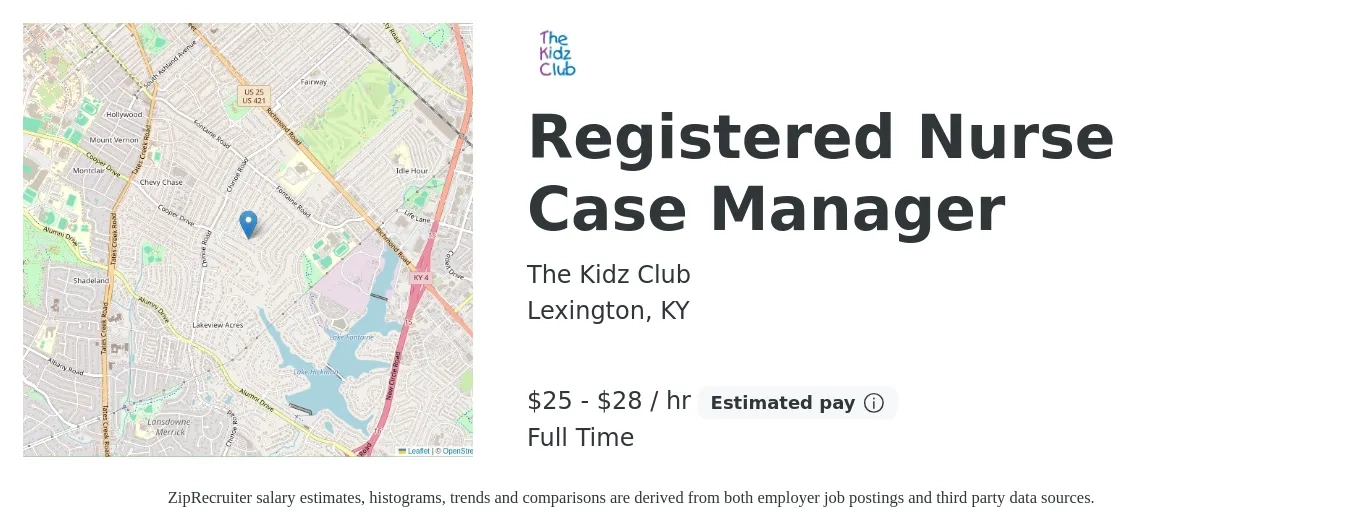 The Kidz Club job posting for a Registered Nurse Case Manager in Lexington, KY with a salary of $26 to $30 Hourly with a map of Lexington location.