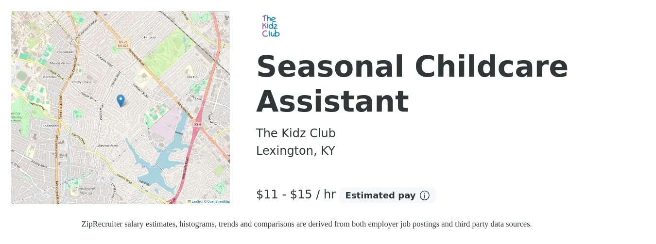 The Kidz Club job posting for a Seasonal Childcare Assistant in Lexington, KY with a salary of $12 to $16 Hourly with a map of Lexington location.