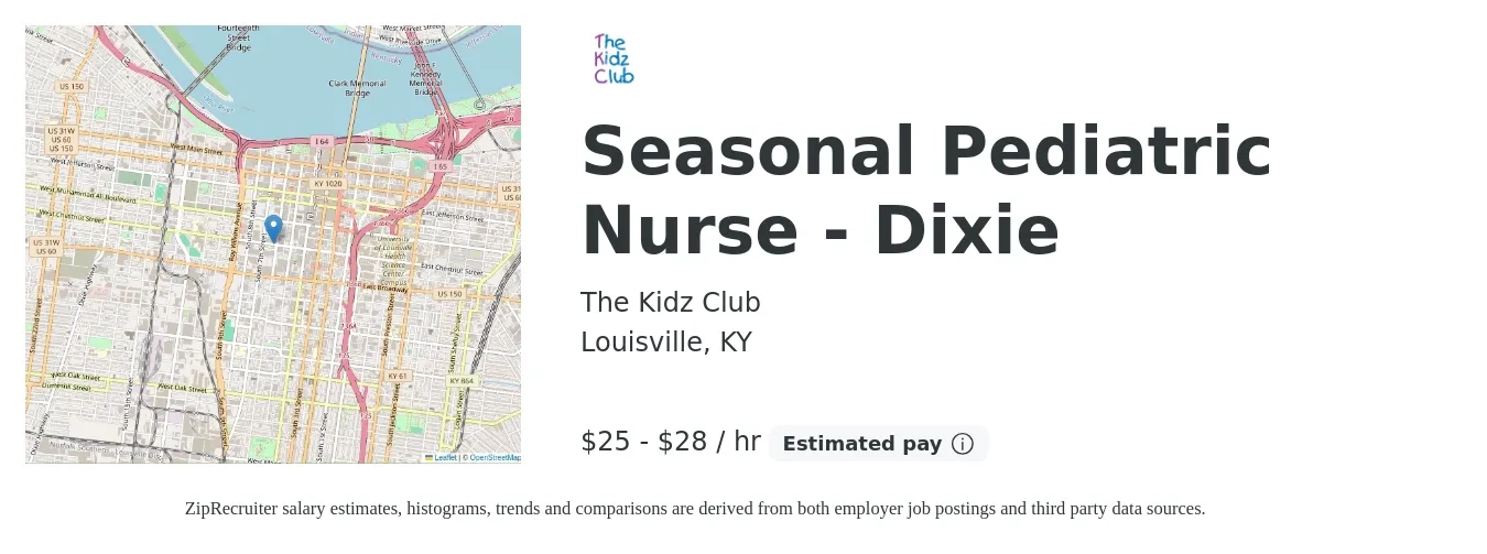 The Kidz Club job posting for a Seasonal Pediatric Nurse - Dixie in Louisville, KY with a salary of $26 to $30 Hourly with a map of Louisville location.