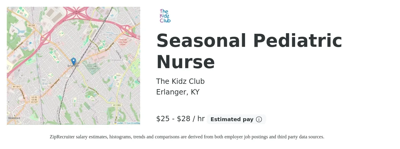 The Kidz Club job posting for a Seasonal Pediatric Nurse in Erlanger, KY with a salary of $26 to $30 Hourly with a map of Erlanger location.