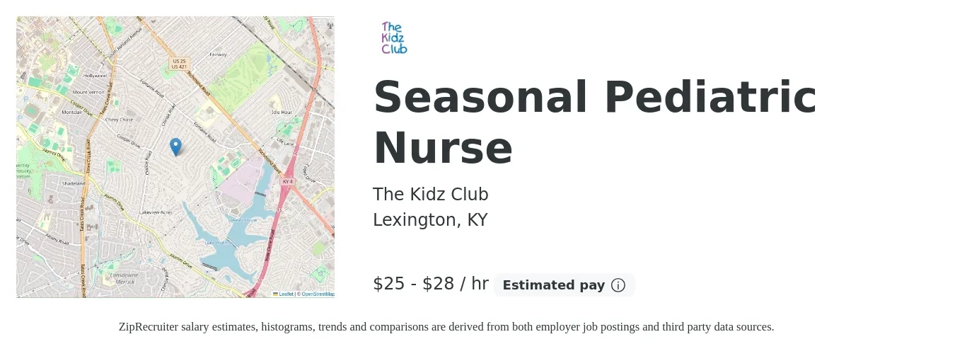 The Kidz Club job posting for a Seasonal Pediatric Nurse in Lexington, KY with a salary of $26 to $30 Hourly with a map of Lexington location.