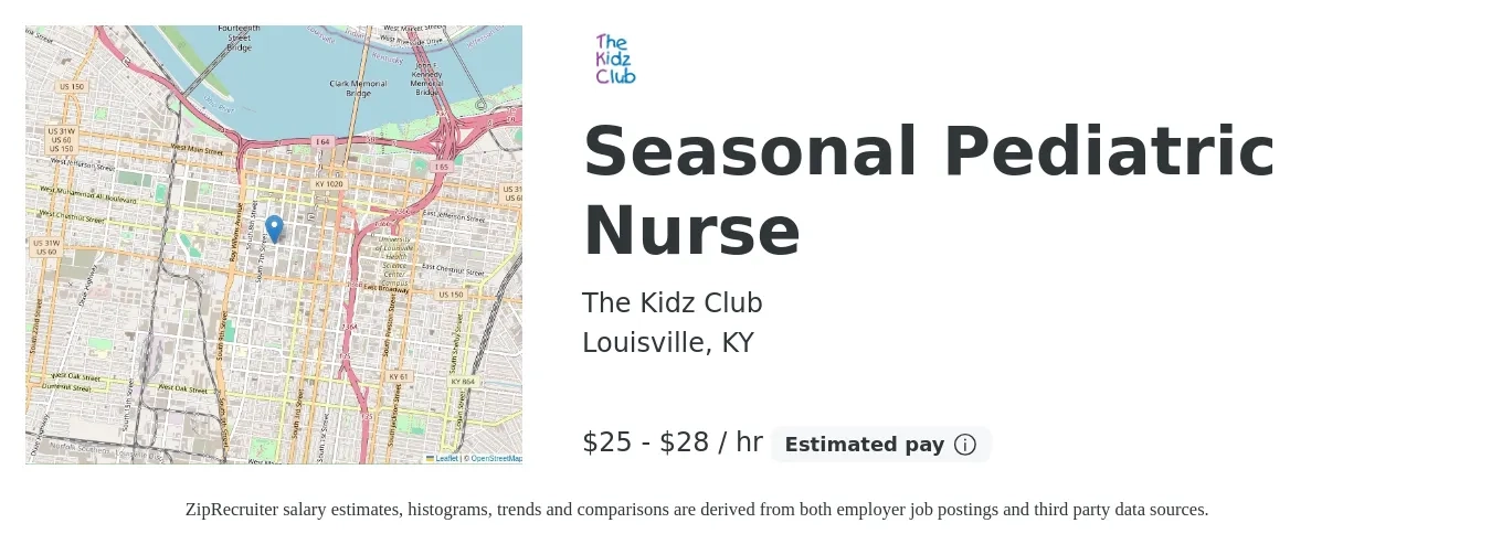 The Kidz Club job posting for a Seasonal Pediatric Nurse in Louisville, KY with a salary of $26 to $30 Hourly with a map of Louisville location.