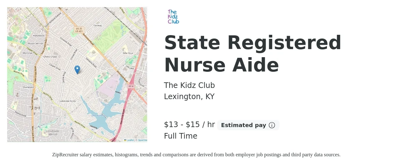 The Kidz Club job posting for a State Registered Nurse Aide in Lexington, KY with a salary of $14 to $16 Hourly with a map of Lexington location.
