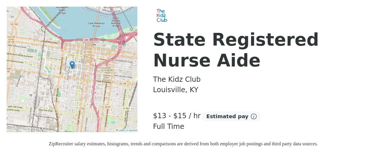 The Kidz Club job posting for a State Registered Nurse Aide in Louisville, KY with a salary of $14 to $16 Hourly with a map of Louisville location.