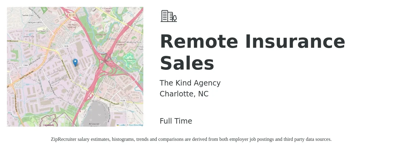 The Kind Agency job posting for a Remote Insurance Sales in Charlotte, NC with a salary of $66,900 to $113,300 Yearly with a map of Charlotte location.