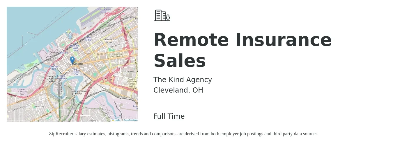 The Kind Agency job posting for a Remote Insurance Sales in Cleveland, OH with a salary of $66,400 to $112,500 Yearly with a map of Cleveland location.