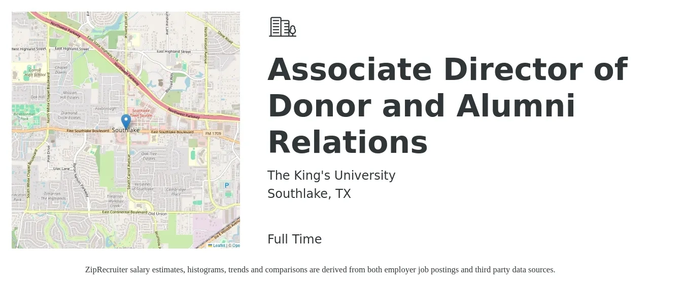 The King's University job posting for a Associate Director of Donor and Alumni Relations in Southlake, TX with a salary of $56,500 to $84,700 Yearly with a map of Southlake location.