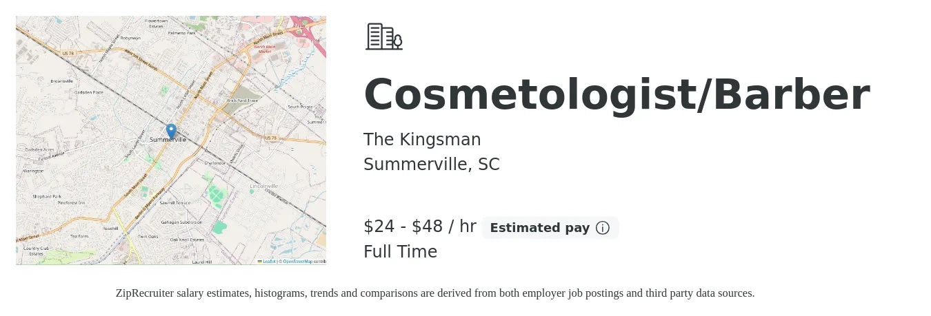 The Kingsman job posting for a Cosmetologist/Barber in Summerville, SC with a salary of $25 to $50 Hourly with a map of Summerville location.