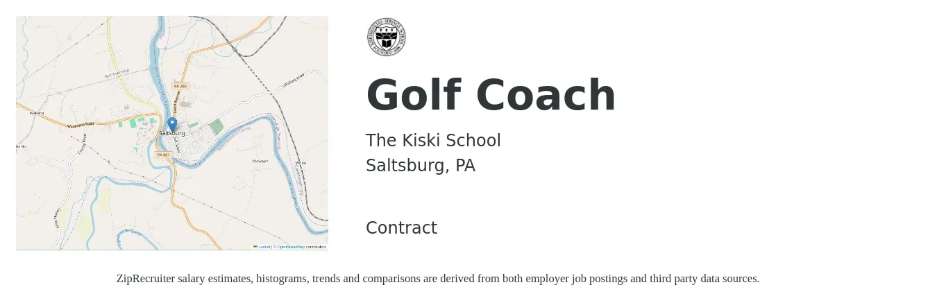 The Kiski School job posting for a Golf Coach in Saltsburg, PA with a salary of $18 to $29 Hourly with a map of Saltsburg location.