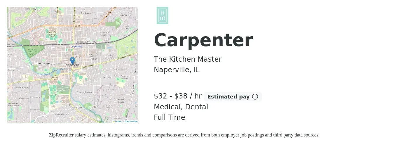 The Kitchen Master job posting for a Carpenter in Naperville, IL with a salary of $34 to $40 Hourly and benefits including retirement, dental, life_insurance, medical, and pto with a map of Naperville location.