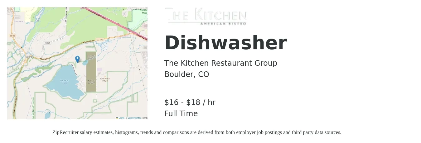 The Kitchen Restaurant Group job posting for a Dishwasher in Boulder, CO with a salary of $17 to $19 Hourly with a map of Boulder location.