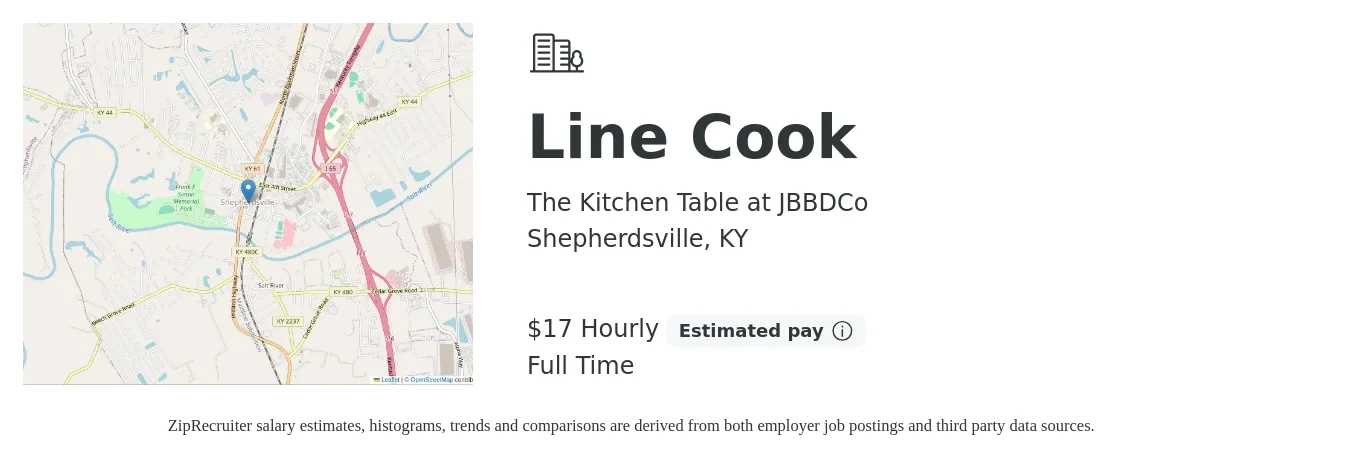 The Kitchen Table at JBBDCo job posting for a Line Cook in Shepherdsville, KY with a salary of $18 Hourly with a map of Shepherdsville location.