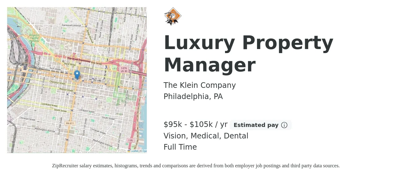 The Klein Company job posting for a Luxury Property Manager in Philadelphia, PA with a salary of $95,000 to $105,000 Yearly and benefits including medical, pto, retirement, vision, dental, and life_insurance with a map of Philadelphia location.