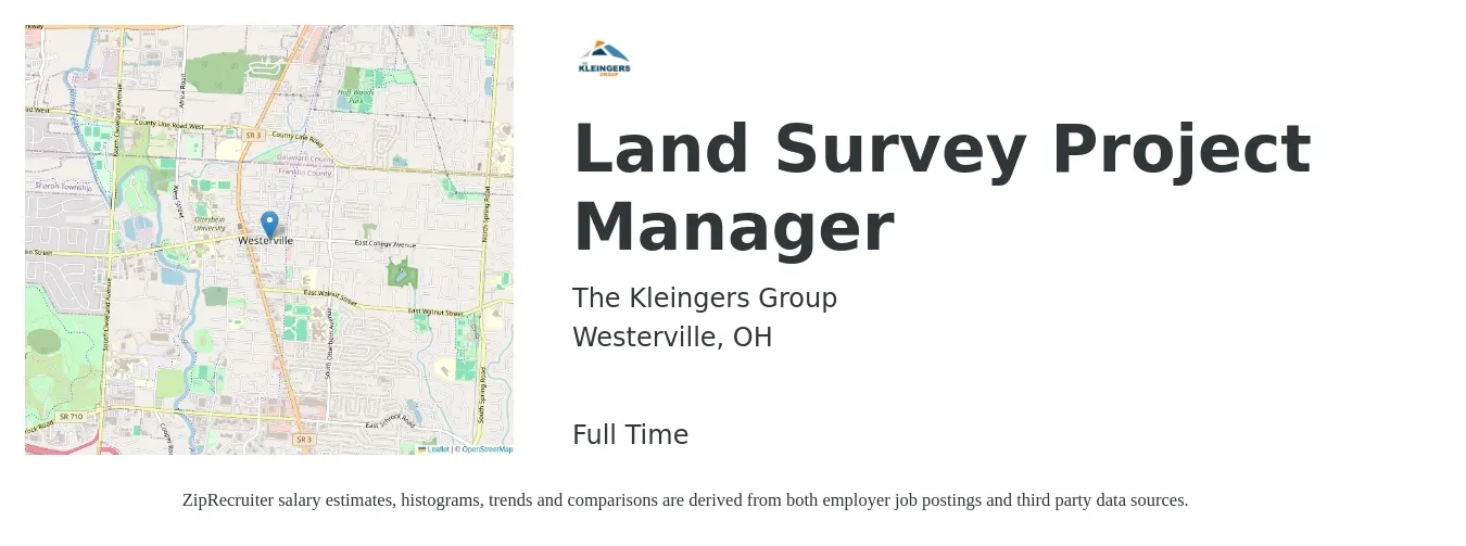 The Kleingers Group job posting for a Land Survey Project Manager in Westerville, OH with a salary of $84,400 to $116,900 Yearly with a map of Westerville location.