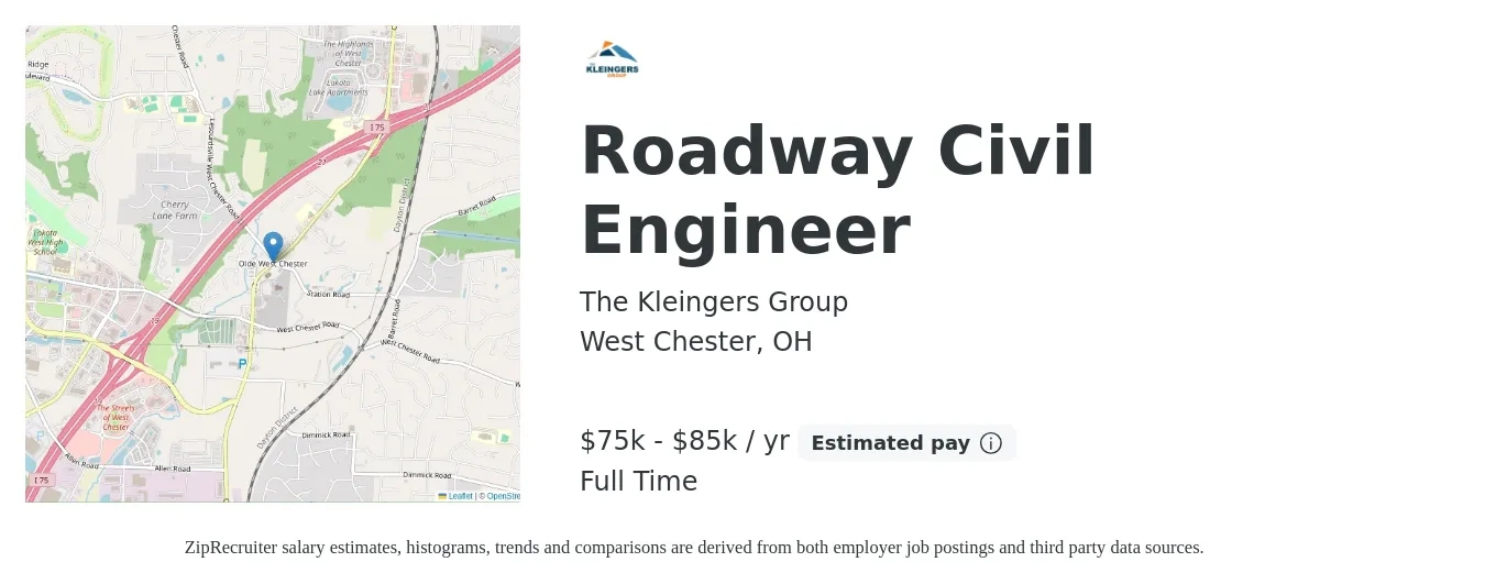 The Kleingers Group job posting for a Roadway Civil Engineer in West Chester, OH with a salary of $75,000 to $85,000 Yearly with a map of West Chester location.