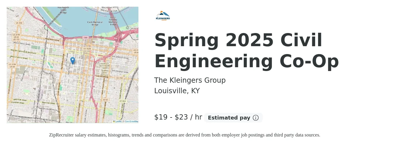 The Kleingers Group job posting for a Spring 2025 Civil Engineering Co-Op in Louisville, KY with a salary of $20 to $24 Hourly with a map of Louisville location.