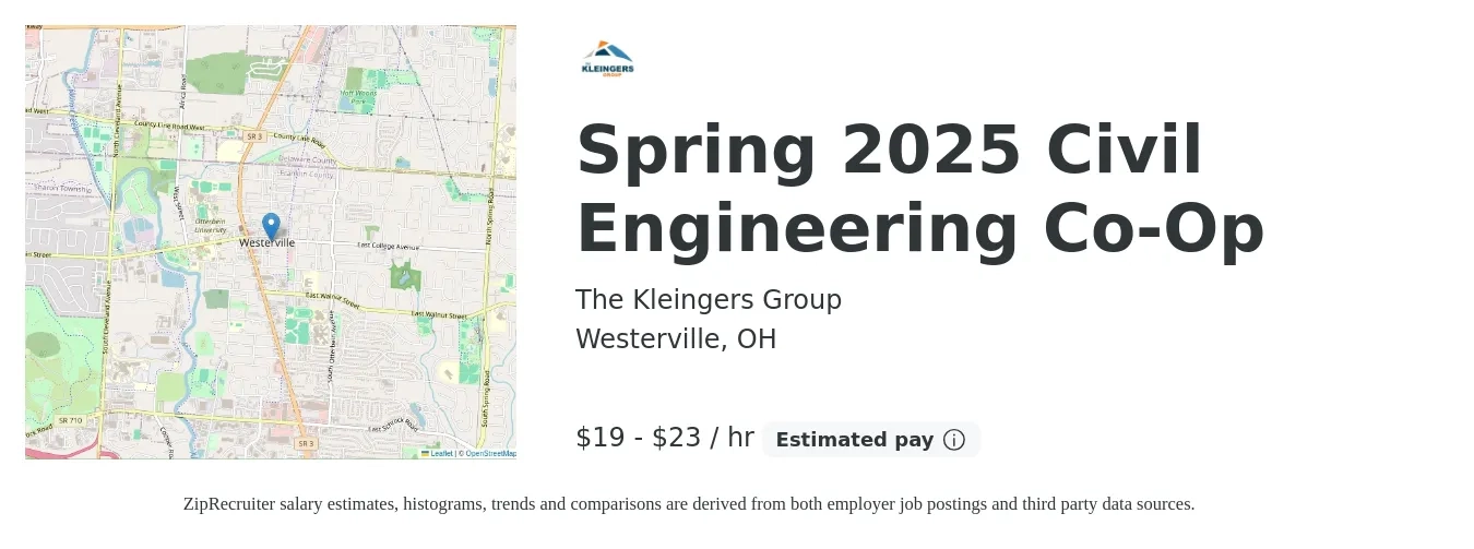 The Kleingers Group job posting for a Spring 2025 Civil Engineering Co-Op in Westerville, OH with a salary of $20 to $24 Hourly with a map of Westerville location.