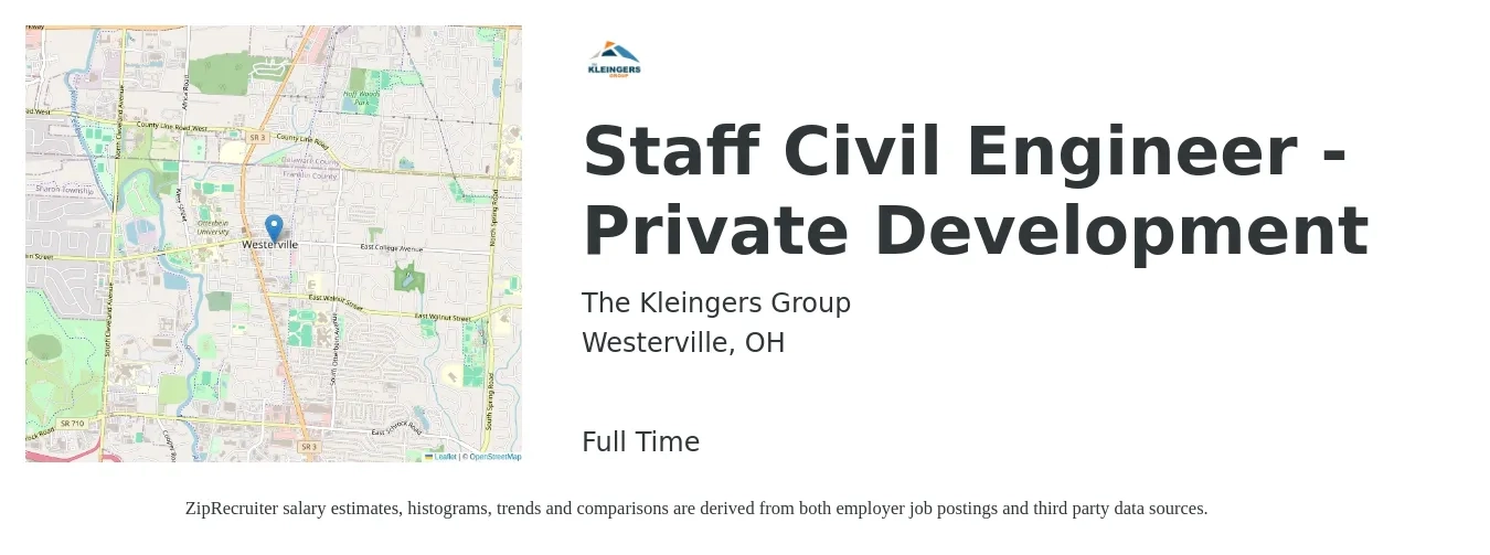 The Kleingers Group job posting for a Staff Civil Engineer- Private Development in Westerville, OH with a salary of $75,000 to $90,000 Yearly with a map of Westerville location.