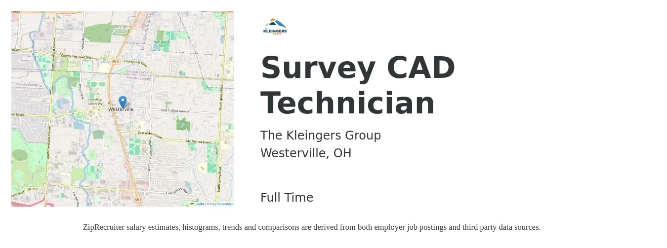 The Kleingers Group job posting for a Survey CAD Technician in Westerville, OH with a salary of $21 to $31 Hourly with a map of Westerville location.