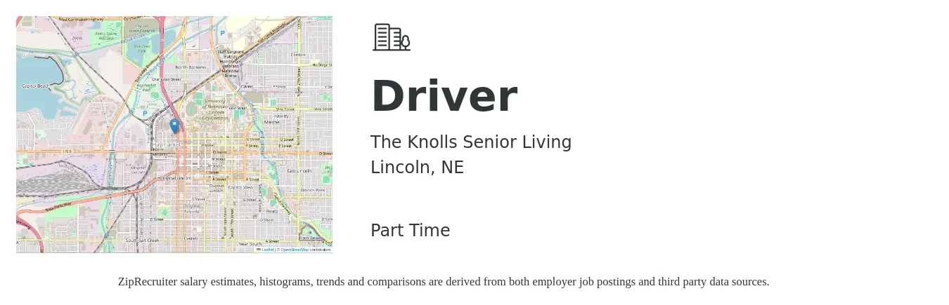 The Knolls Senior Living job posting for a Driver in Lincoln, NE with a salary of $14 to $19 Hourly with a map of Lincoln location.