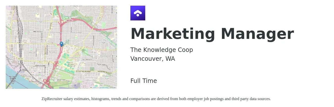 The Knowledge Coop job posting for a Marketing Manager in Vancouver, WA with a salary of $60,000 to $70,000 Yearly with a map of Vancouver location.
