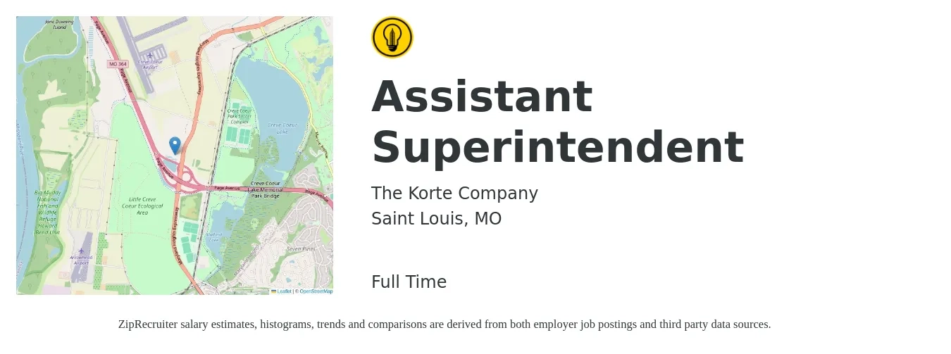 The Korte Company job posting for a Assistant Superintendent in Saint Louis, MO with a salary of $57,900 to $82,300 Yearly with a map of Saint Louis location.