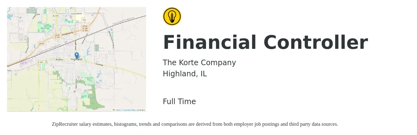 The Korte Company job posting for a Financial Controller in Highland, IL with a salary of $85,300 to $119,400 Yearly with a map of Highland location.
