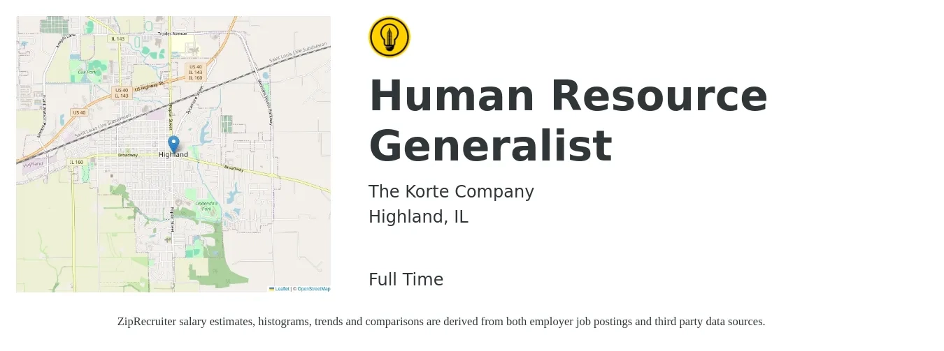 The Korte Company job posting for a Human Resource Generalist in Highland, IL with a salary of $47,900 to $68,200 Yearly with a map of Highland location.