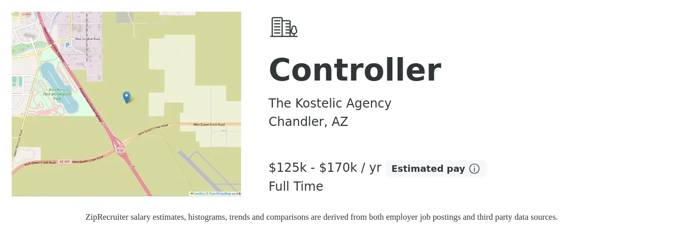 The Kostelic Agency job posting for a Controller in Chandler, AZ with a salary of $125,000 to $170,000 Yearly with a map of Chandler location.
