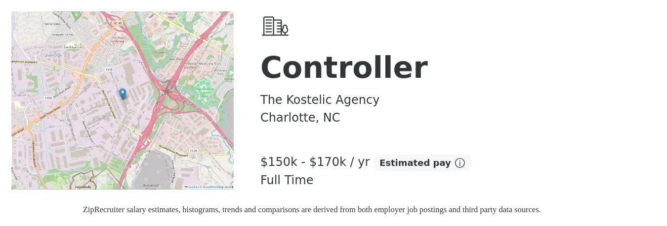The Kostelic Agency job posting for a Controller in Charlotte, NC with a salary of $150,000 to $170,000 Yearly with a map of Charlotte location.