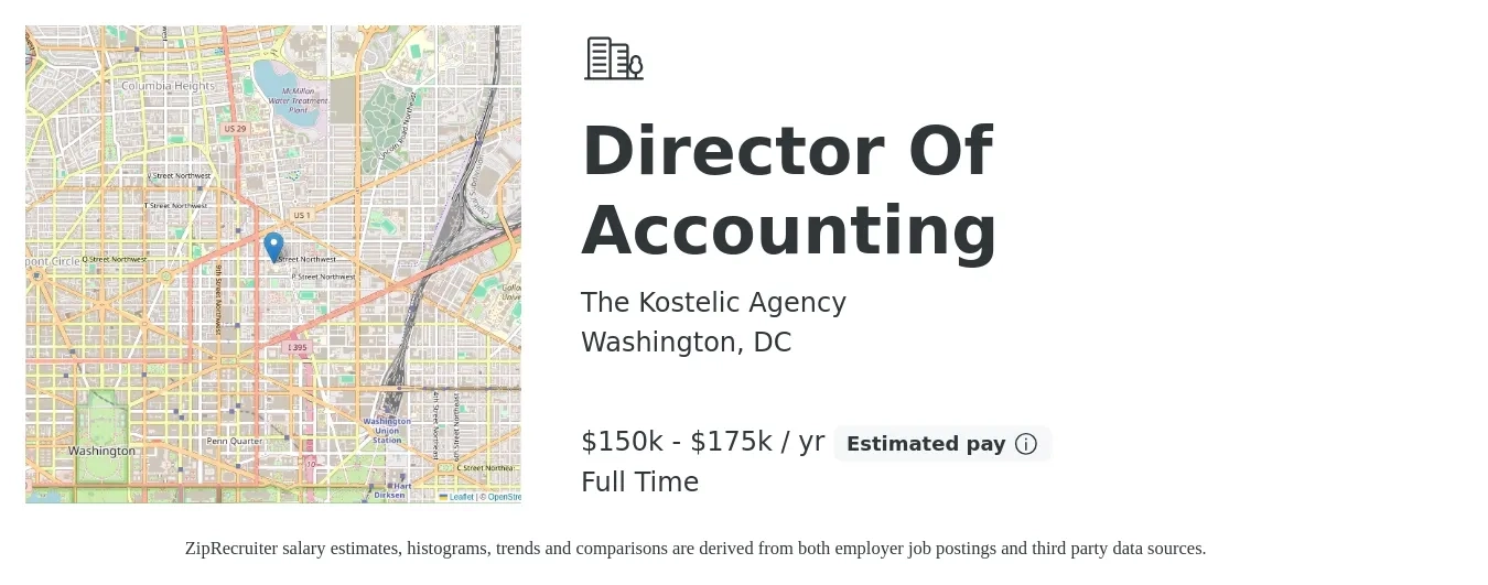 The Kostelic Agency job posting for a Director Of Accounting in Washington, DC with a salary of $150,000 to $175,000 Yearly with a map of Washington location.