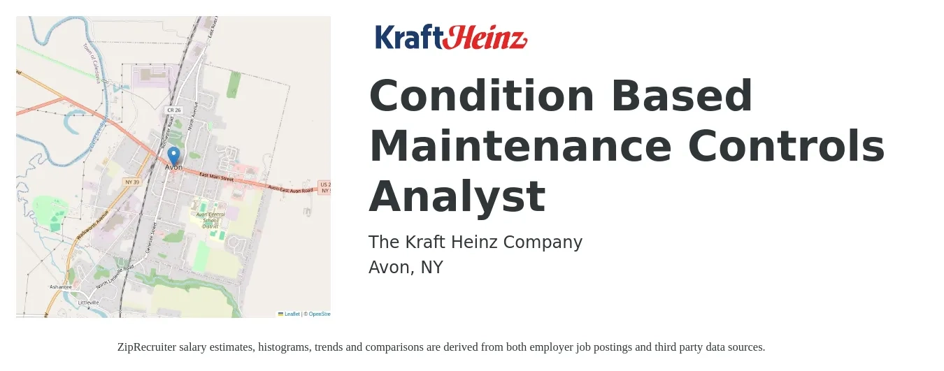 The Kraft Heinz Company job posting for a Condition Based Maintenance Controls Analyst in Avon, NY with a salary of $63,500 to $81,000 Yearly with a map of Avon location.