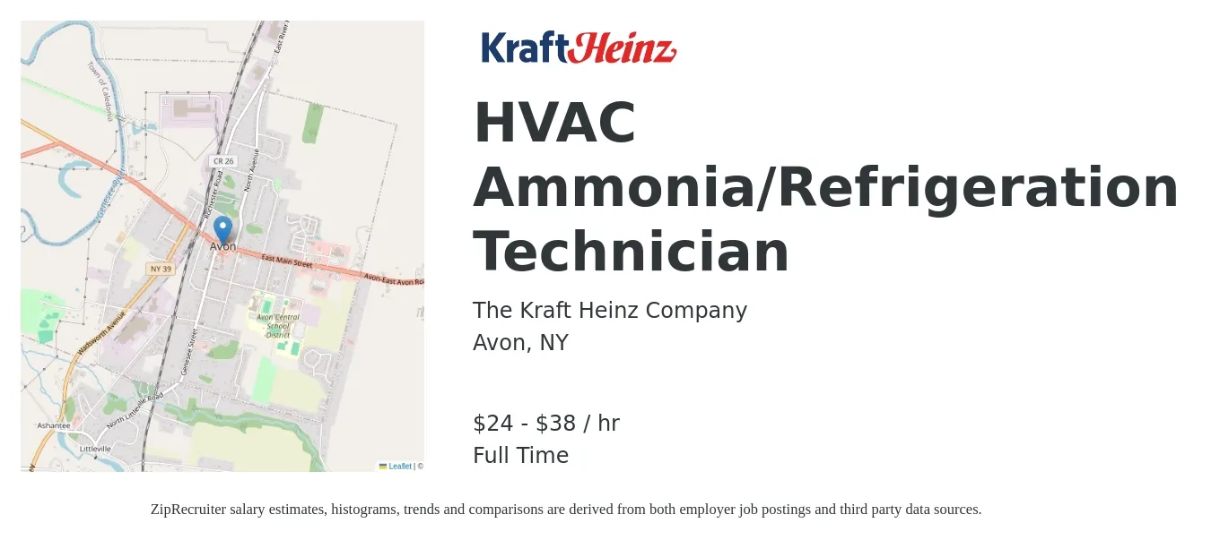 Kraft Heinz Company job posting for a HVAC Ammonia/Refrigeration Technician in Avon, NY with a salary of $25 to $40 Hourly with a map of Avon location.